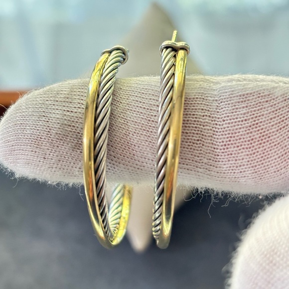 David Yurman 925 & 18k Gold Crossover Cable Hoop Earrings 1.75" - Picture 5 of 8